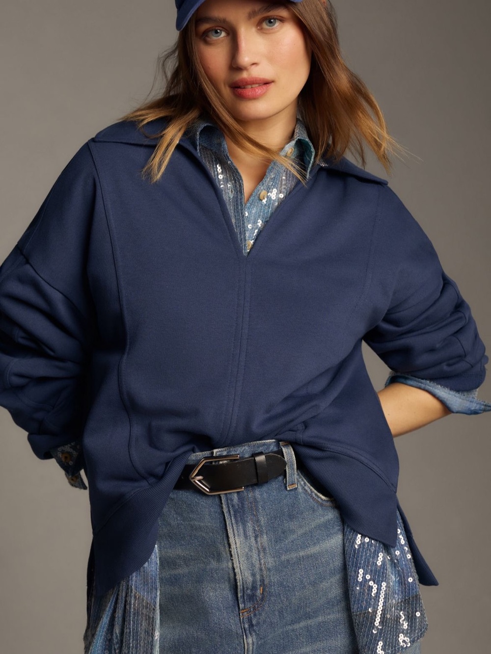 PIlcro Johnny Collar Pullover Top, Navy Blue, Size M